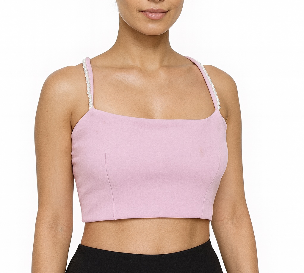Pearl-straps Backless Crop Top (Built in pads)